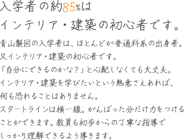 入学者の約90%はインテリア・建築の初心者です。